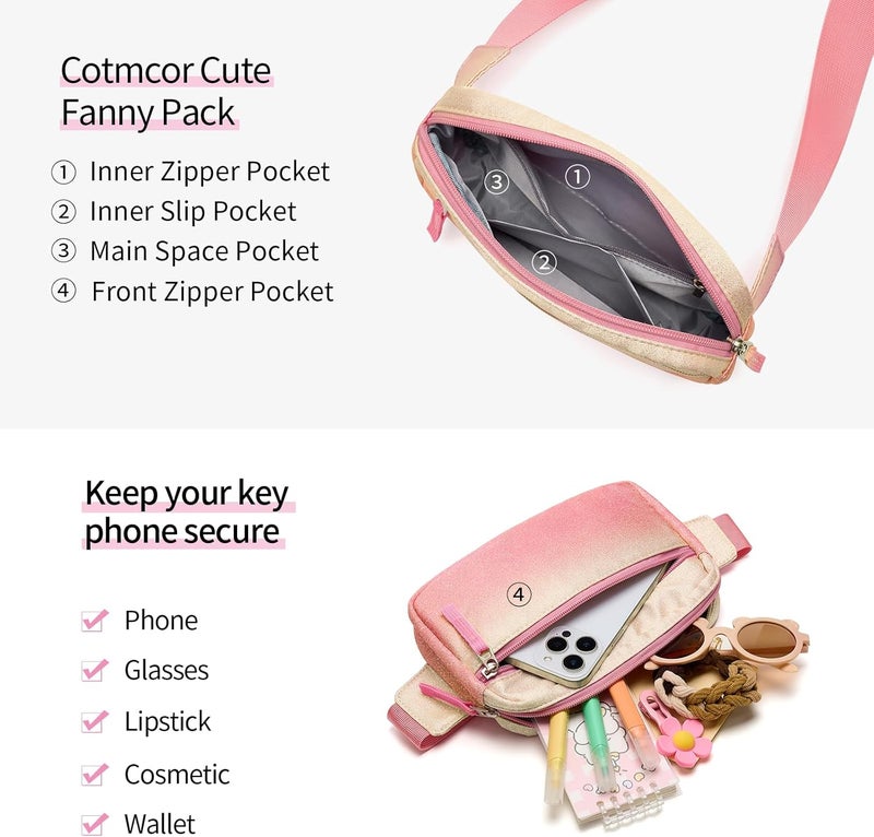 cotmcor Store Valentines Day Gifts for Kids: Fanny Pack Birthday Gift for 5 6 7 8 9 10 11 12 Year Old Teen Girls, Preppy Cute Trendy Stuff Colorblock Crossbody Bag Adjustable Belt Bags for Travel Outdoor - Image 4